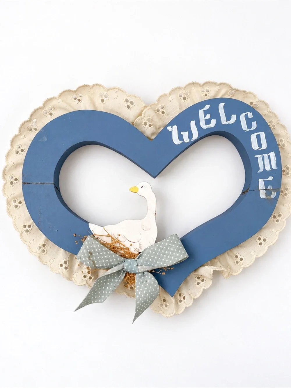 Blue Heart Welcome Goose Door Hanger Lace Bow Cottage Decor